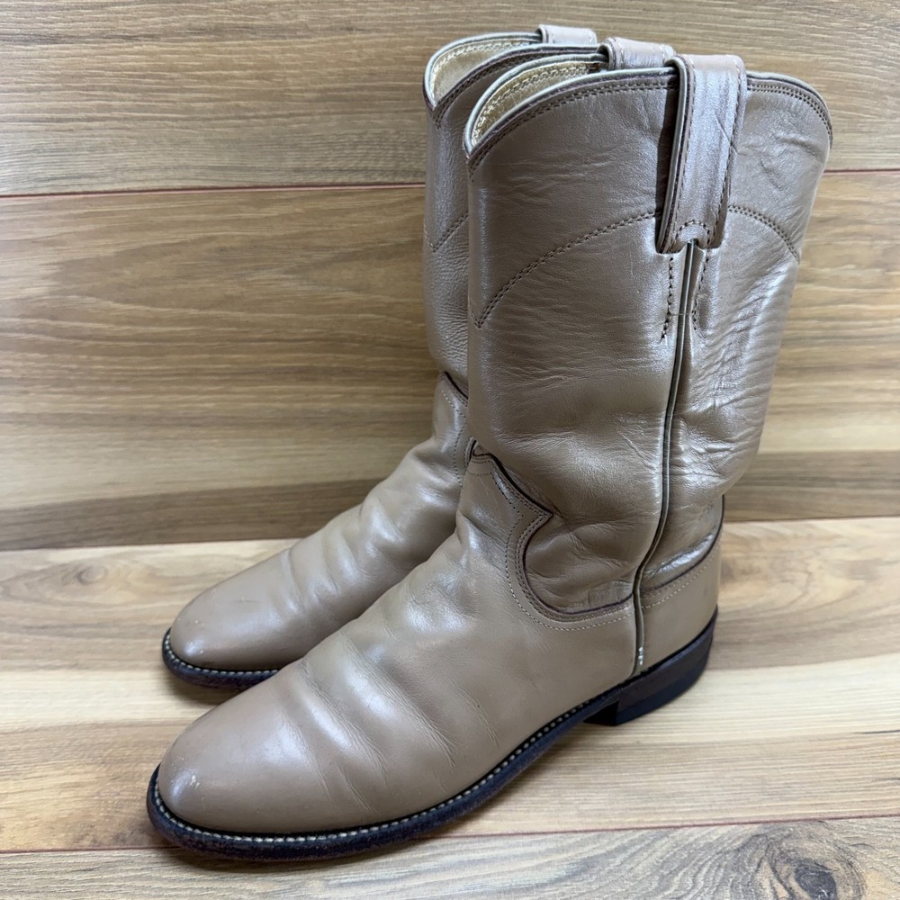 JUSTIN‎ BOOTS Vintage Beige Roper Womens 6 B Leather Cowgirl Western USA Made